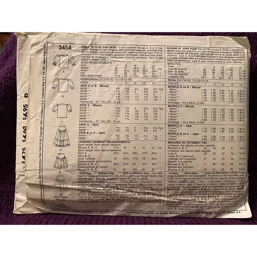 McCalls Sewing pattern3454 girls top peasant skirt sz 7 8 10